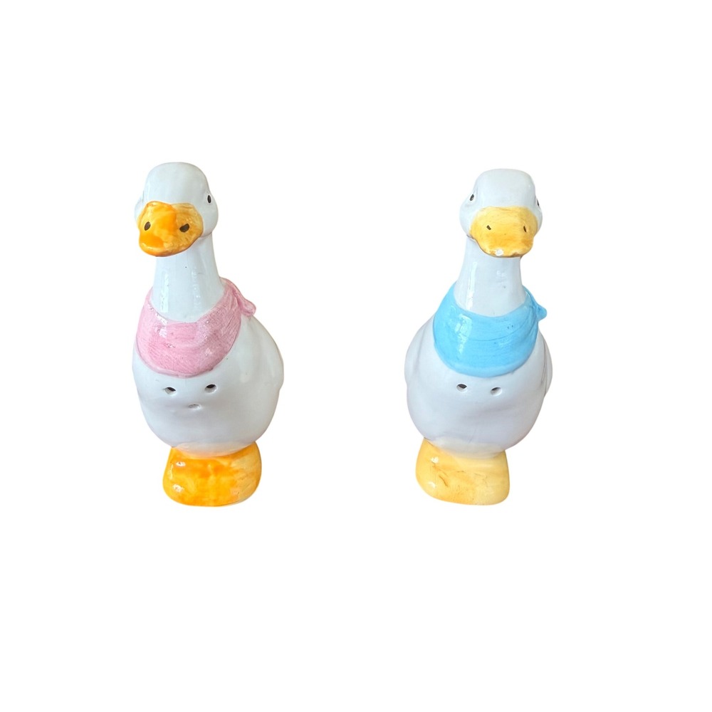 Vintage JSNY Ceramic Duck Salt and Pepper Shakers White Goose Pink Blue Bandana